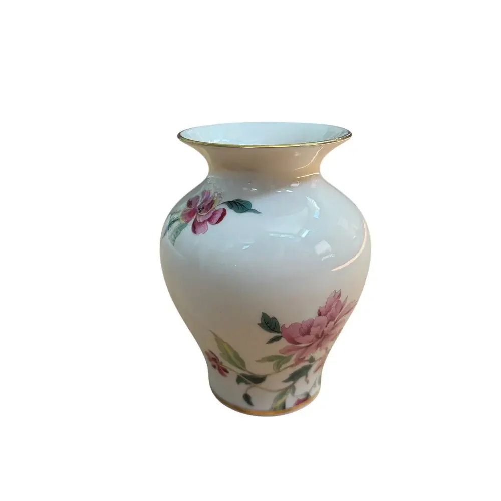 Lenox Vase Barrington Collection 1990s Floral White Pink Green Ceramic 5.75